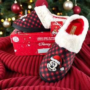 Disney Mickey Mouse Slippers 9-10 Red Black Plaid Santa Faux Fur Cozy Holiday